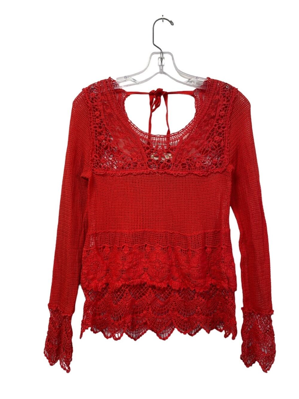 Anthropologie Staring At Stars Crochet Long Sleeve Top Red Boho Flirty Medium